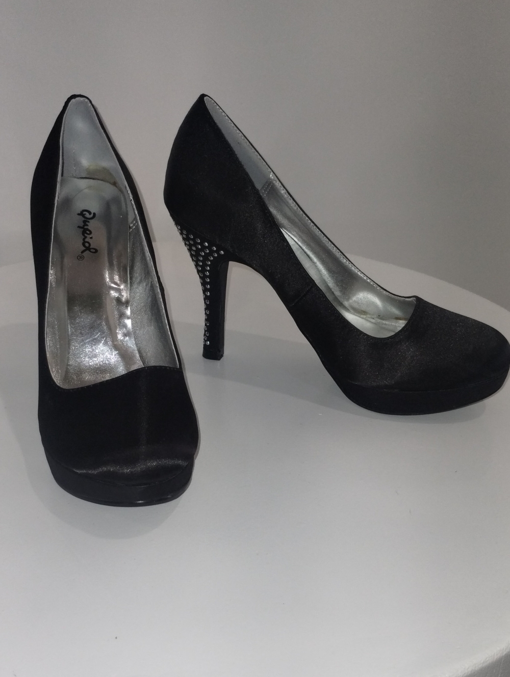 Qupid Black Satin Platform Pumps with Rhinestone Studded Heel